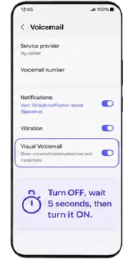 Wait 10 seconds (critical — lets the carrier deregister you) and 
Toggle Visual Voicemail ON.