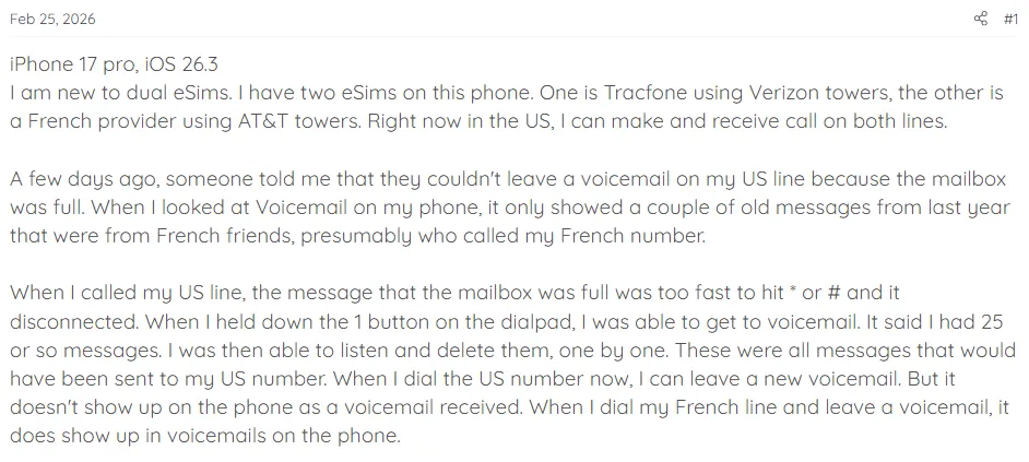 iPhone Dual SIM Voicemail Setup on physical SIM with an eSIM, or two eSIMs
