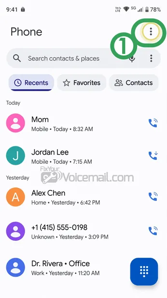 Android dialer three-dot menu